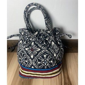 Vera Bradley Barcelona Pattern Emma Style Drawstring Bucket Bag Handbag Black